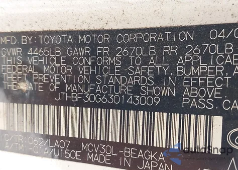 2003 Lexus Es 300 z USA, uszkodzony, nr VIN JTHBF30G630143009